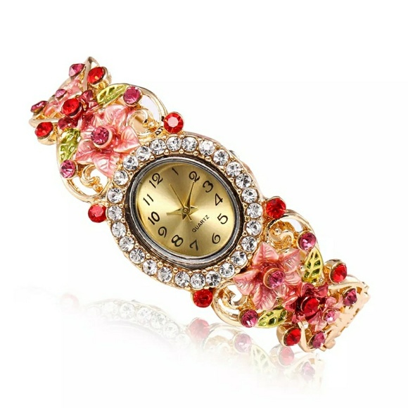 Accessories - 🌺Full crystal red flower bangle bracelet watch